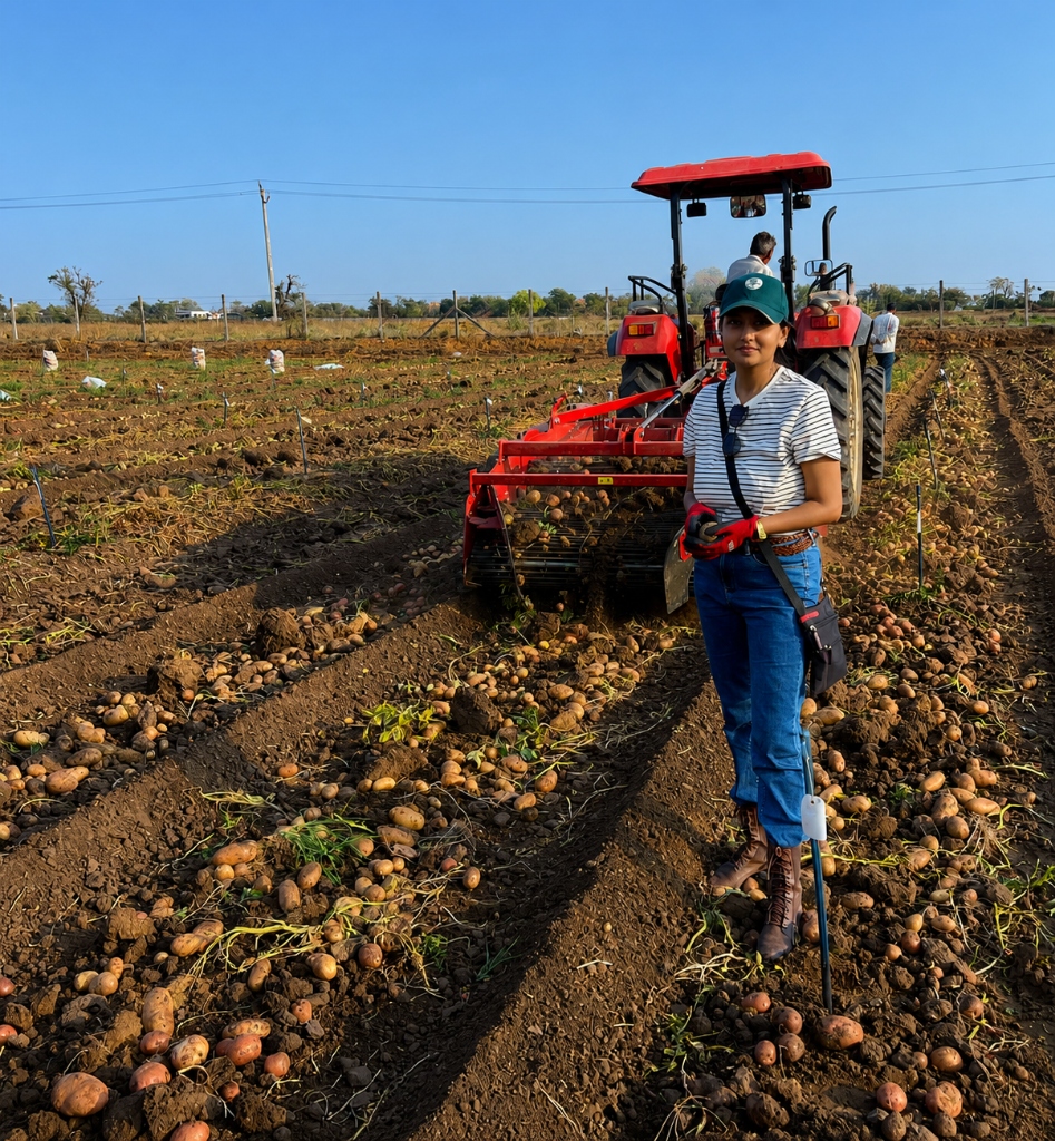 Shivani Bhanvadia in potato field with tractor